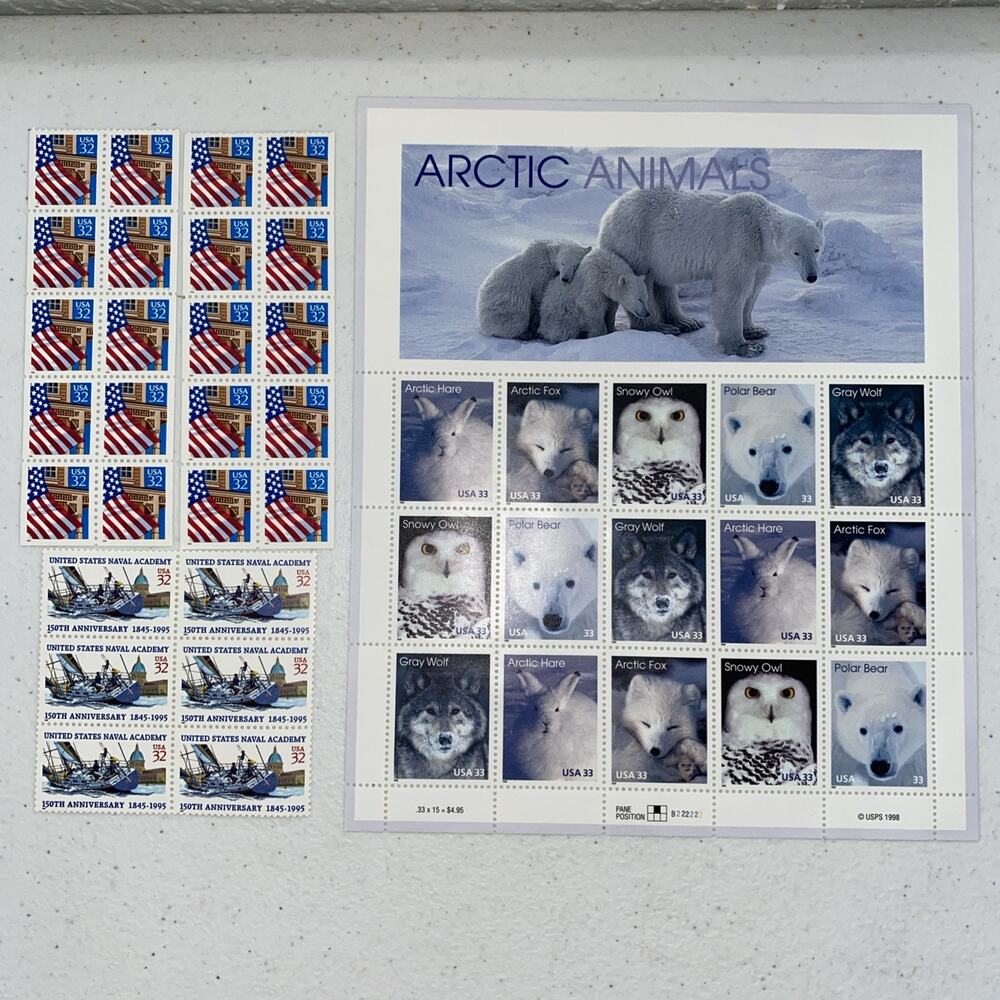 USPS 32 33 Cent Stamp Lot 41 Stamps Arctic Animals Flag US Naval Academy 1990’s